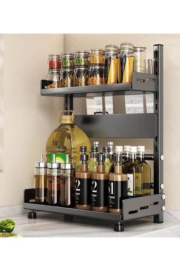 2-Tier Stainless Steel Spice Shelf, Height-Adjustable Kitchen Countertop Organizer,Anti-Slip Stan