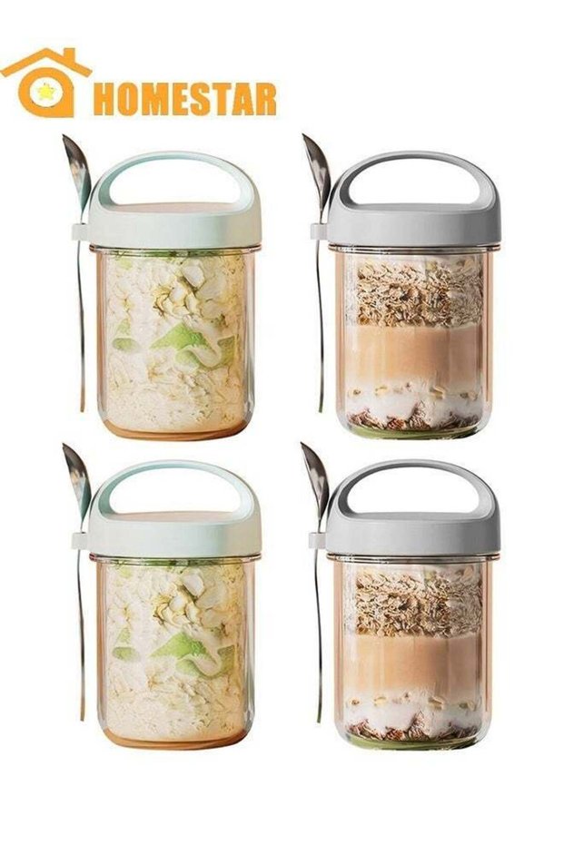 4 Pack 430ml Glass Jars,Overnight Oats Containers with Lid with handle comes with spoon, Food Stora