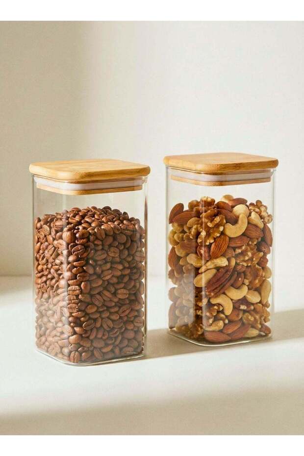 Set of 2- 900ML Borosilicate Square Glass Storage Jar with Air tight Bamboo Lid for Candy Cookie Ri