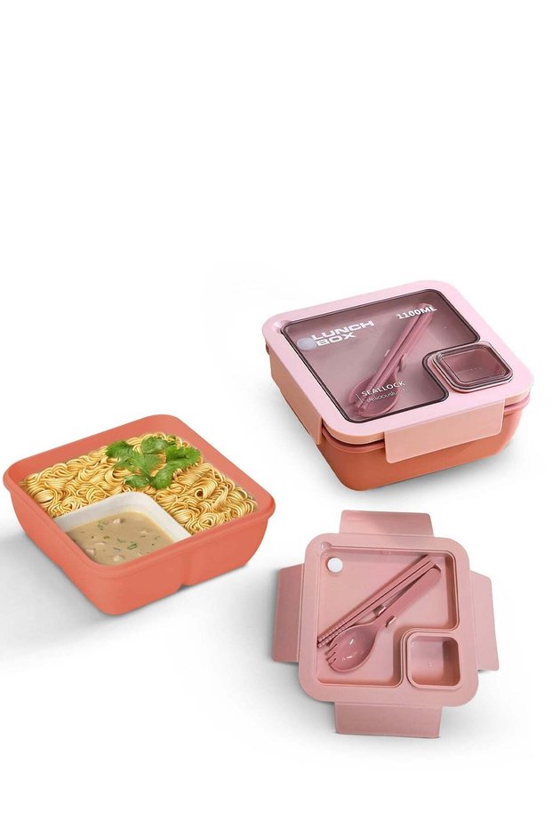 1100 ML Kids Lunch Box for Adults With 2 in 1 Spoon & Chopsticks | 2 Compartment Leak Proof Tiffin