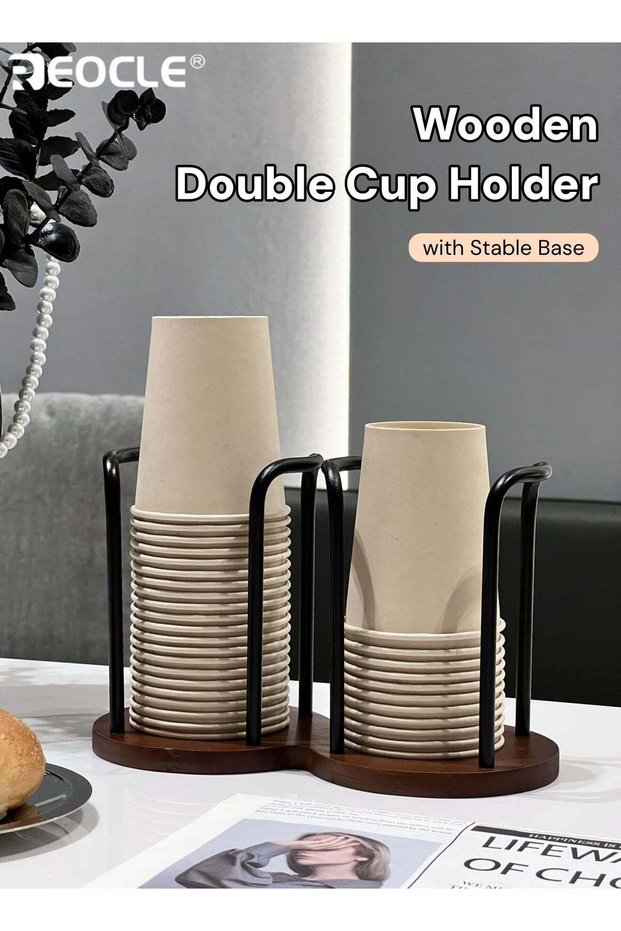 Wooden Double Cup Holder with Sleek Modern Design and Stable Base Structure Desktop Cup Organizer w