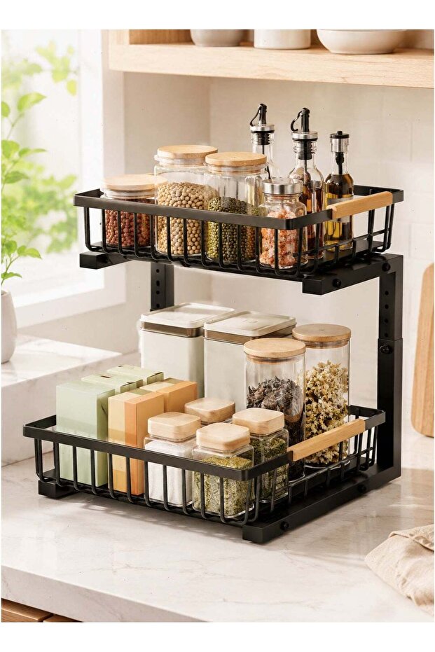 Spice Rack Organizer, 2-Tier Adjustable Carbon Steel Storage Rack, Space Saving Shelf for Kitchen C