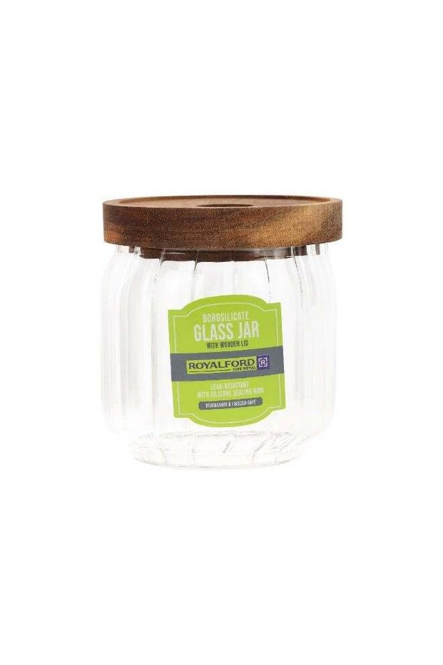 Royalford 350 ml Round Borosilicate Glass Jar with Airtight Wooden Lid-RF12773/ Container with Sili