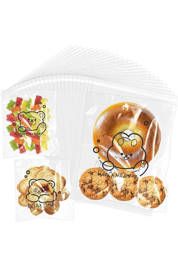 100Pcs Cookie Bags Self Adhesive Candy Cellophane Treat Bags 15 x 18 cm Clear Cute Little Bear Plas