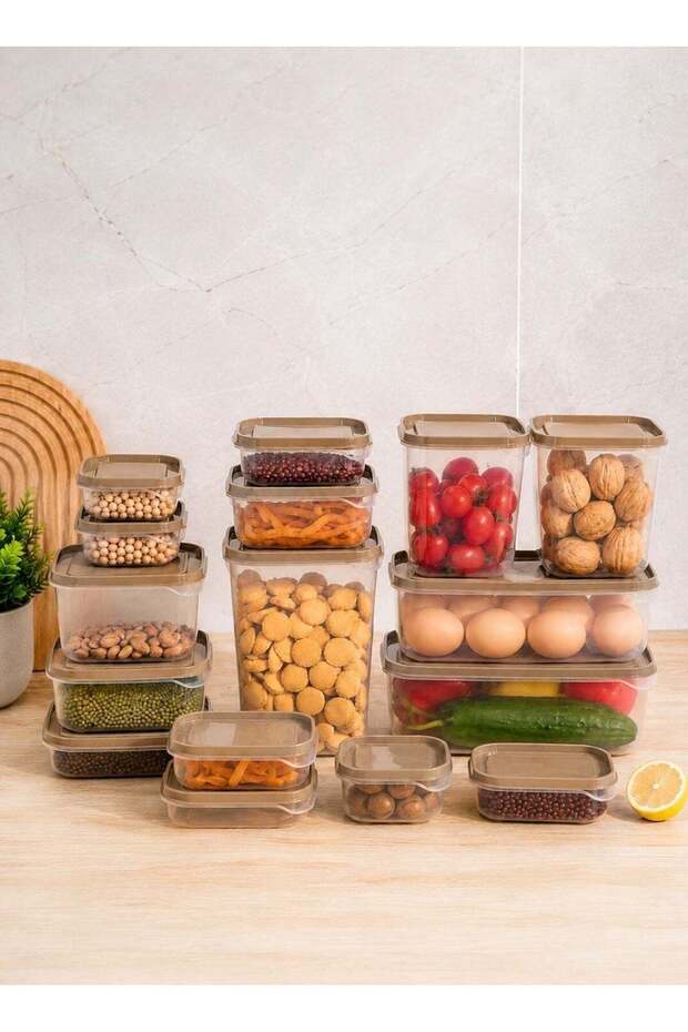 This 17-piece food storage container set features clear plastic storage boxes with camel-colored se