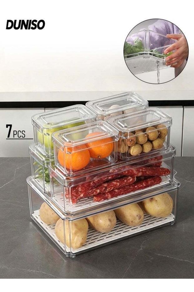7 Pack Plastic Food Storage Containers, Stackable Fridge Organizer with Lids and Drain Tray, BPA-Fr