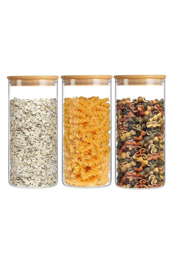 Glass Food Storage Containers Set,Spice Jar Set,3 Piece Glass Jar with Bamboo Airtight Lids and Lab