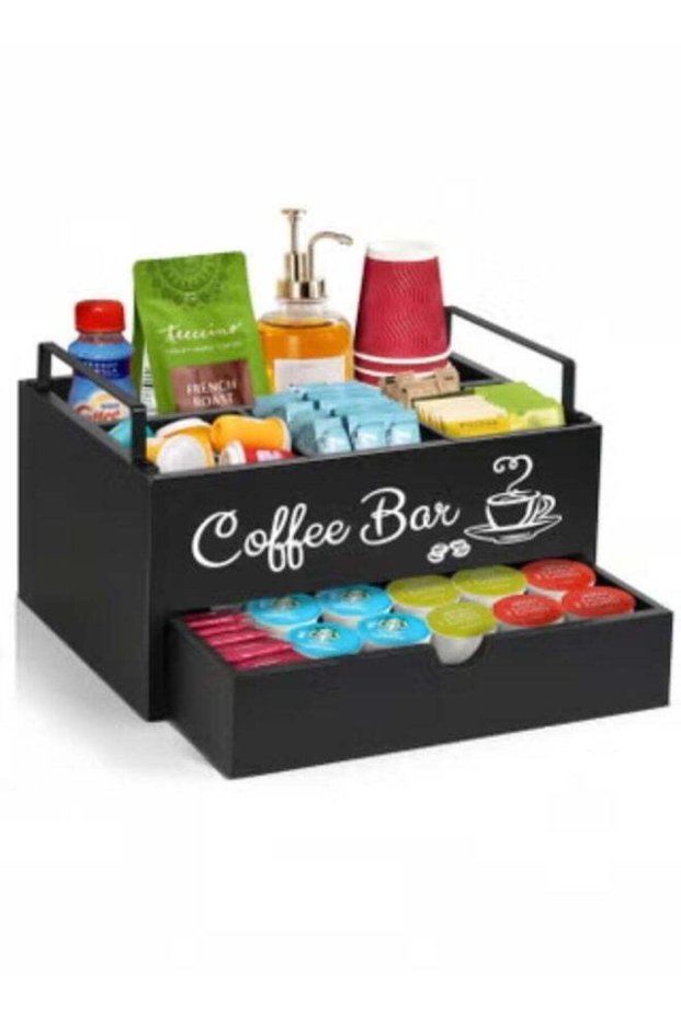 Coffee Bar Accessories Organizer Countertop, Wood Coffee Station Organizer with Handle, K Cup Stora