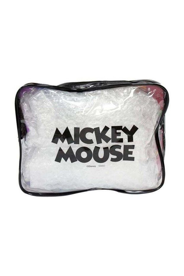 DAISO Mickey Mouse Vinyl Pouch with Gusset - Black/Rainbow