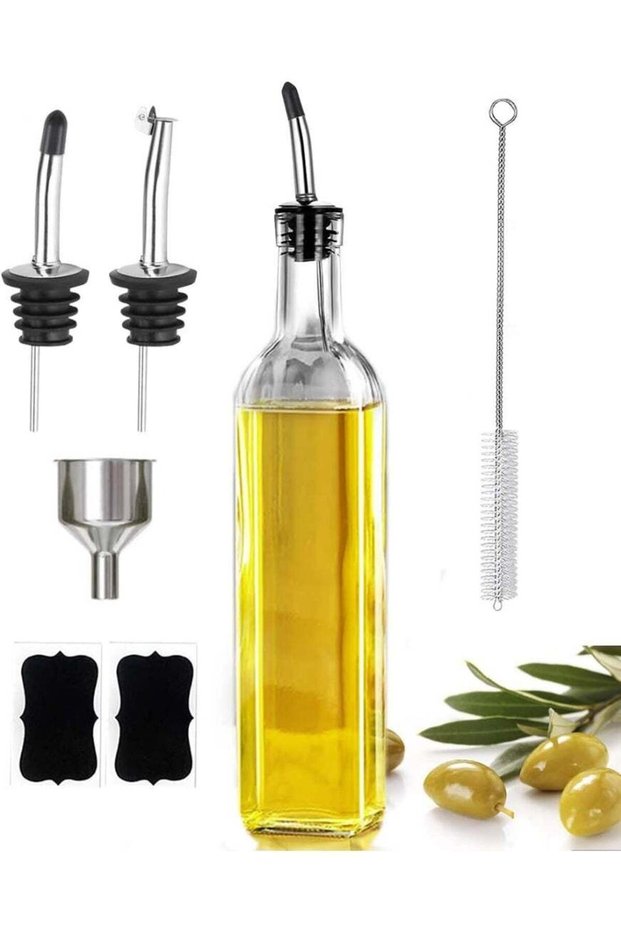 17oz Olive Oil Dispenser Bottle, 500ml Oil & Vinegar Cruet with 2 Stainless Steel Pourers, 2 Labels