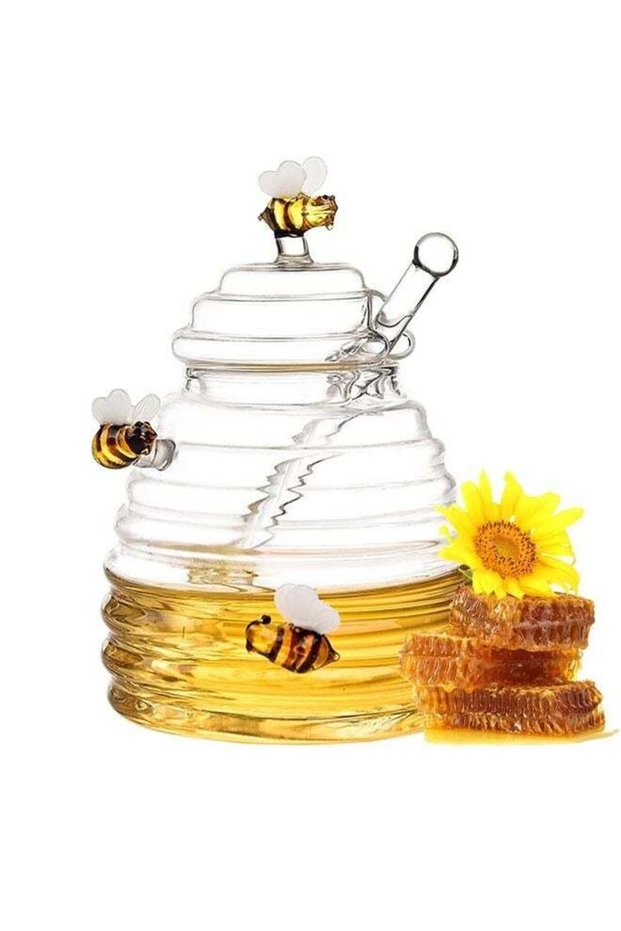 Beehive Glass Honey Jar - Crystal Clear Heavy Glass Honey Pot Container for Jam, Jelly, Syrup -Hone