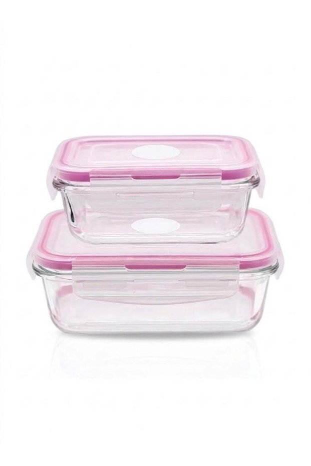 2-Piece Glass Food Storage Container Set, 600ML + 400ML with Pink Silicone Lids – Clear Glass Airti