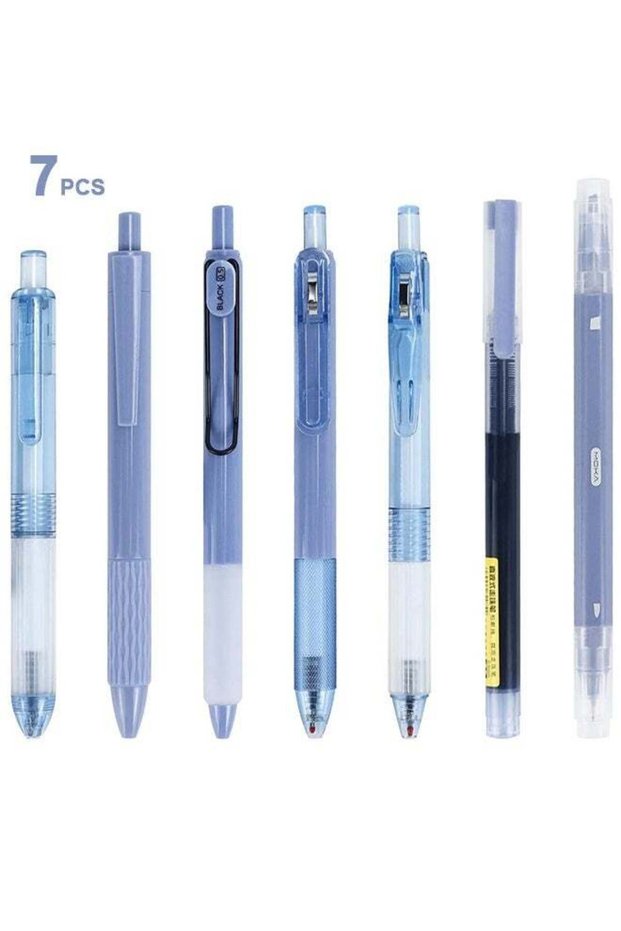 Ballpoint Pen Gel Pens - 7 Pcs 0.5mm Retractable Black Ink Pens Set with Fine Tips & 1 Highlighter