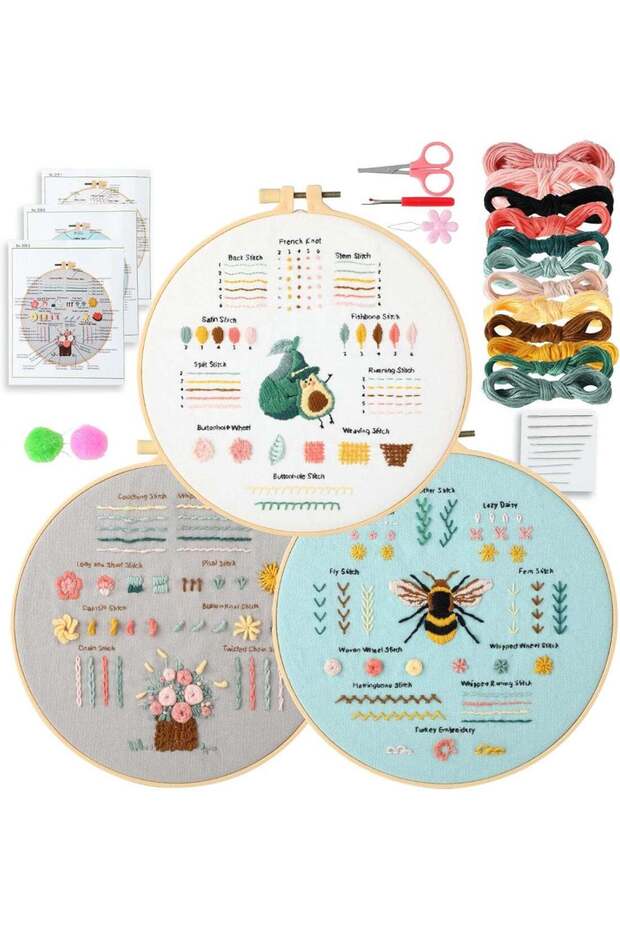 Beginner Embroidery Kit for Adults, 3 Pack Cross Stitch Kits with Pre-Printed Patterns, Threads, Ne