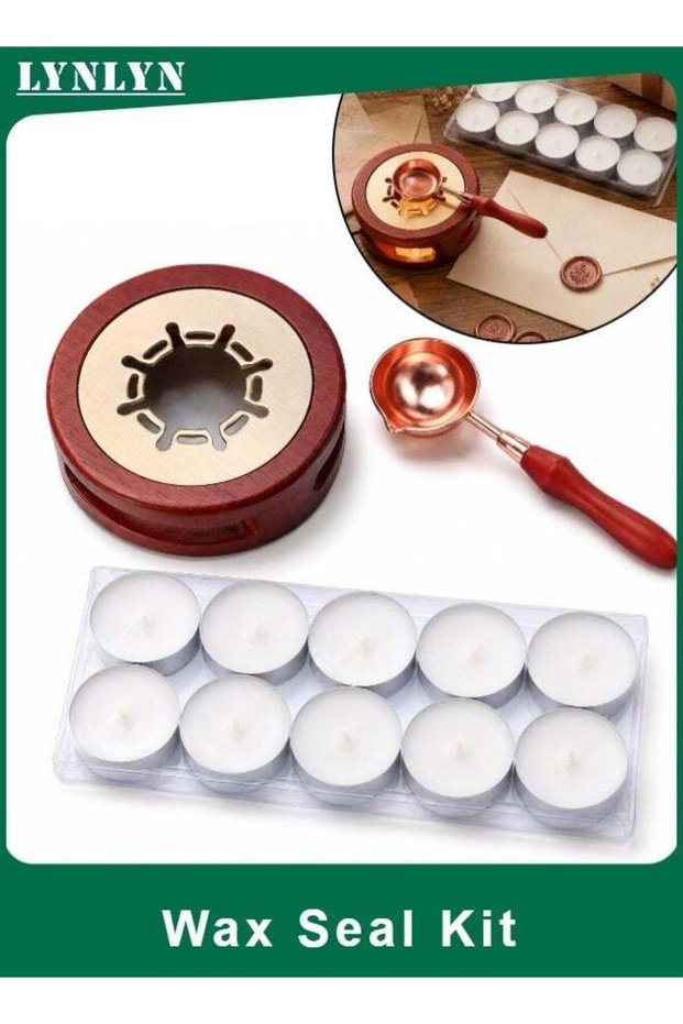 Wax Seal Furnace Kit, Wooden Wax Melting Stove, Rose Gold Wax Spoon, 10 White Tealight Candles for