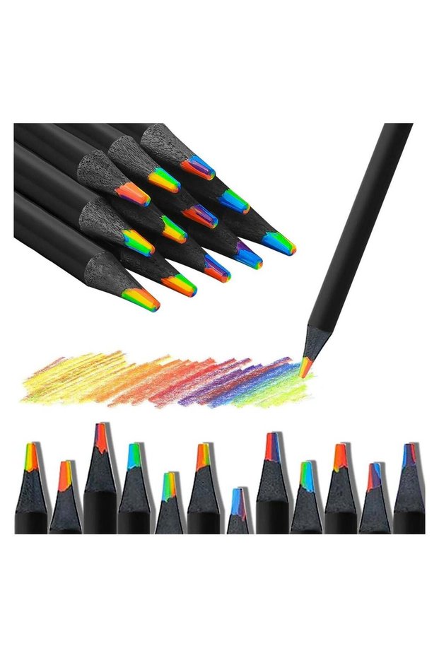 12Pcs 7 In 1 Black Wooden Rainbow Pencils Set Sketch Pre Sharpened Multicolored Pencils For Kids Mu