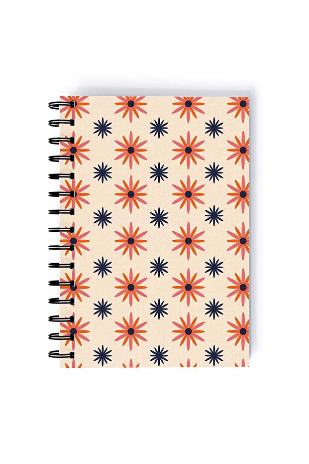 Spiral A5 Notebook Pattern Motifs Daisy and Sun Orange and Beige