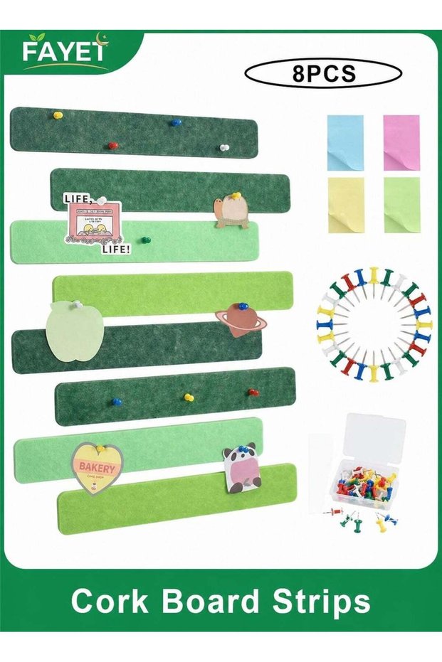 8-Pack Green Cork Board Strips with 35 Pushpins and Sticky Notes, Self-Adhesive Felt Bulletin Bars