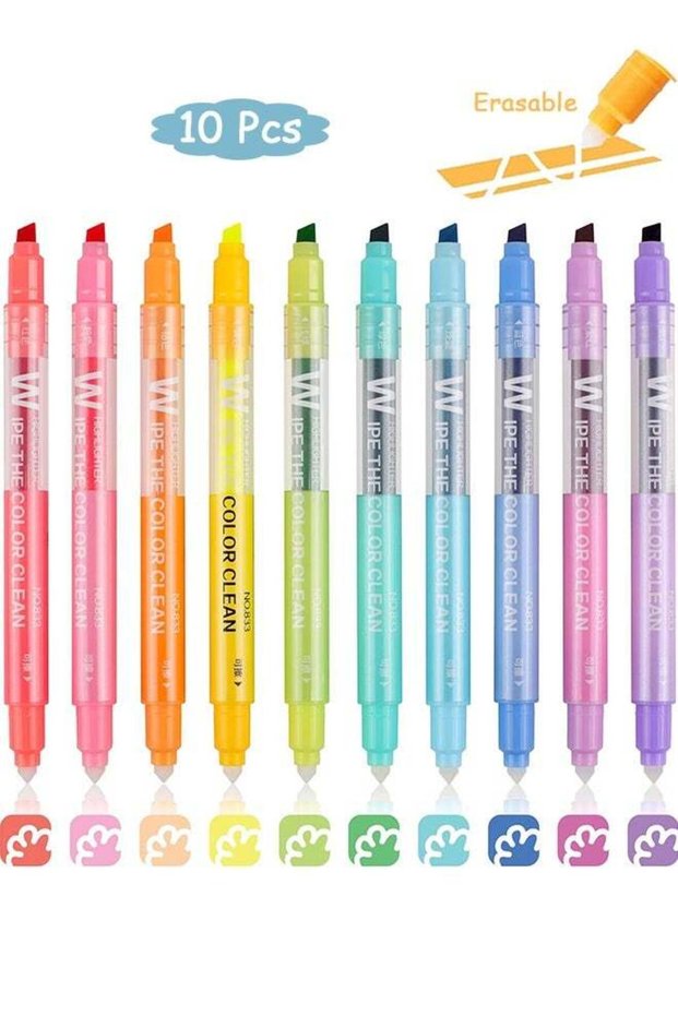 10 Pcs Dual Tip Erasable Highlighters No Bleeding Erasable Markers - Smooth Writing Chisel Tip High