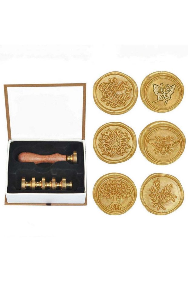 6PCS Romantic Rose Heart Wax Seal Stamp Set with Brass Head Wooden Handle for Invitations Crafts Gi