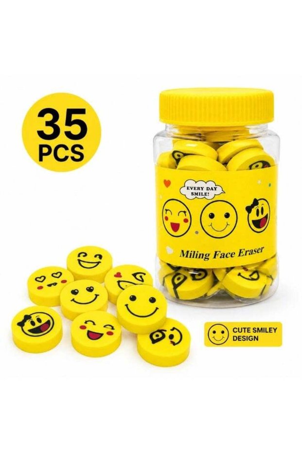 35 Pcs Smiley Face Erasers Set for Kids, Cute Emoji Pencil Erasers for School Supplies, Fun Cartoon