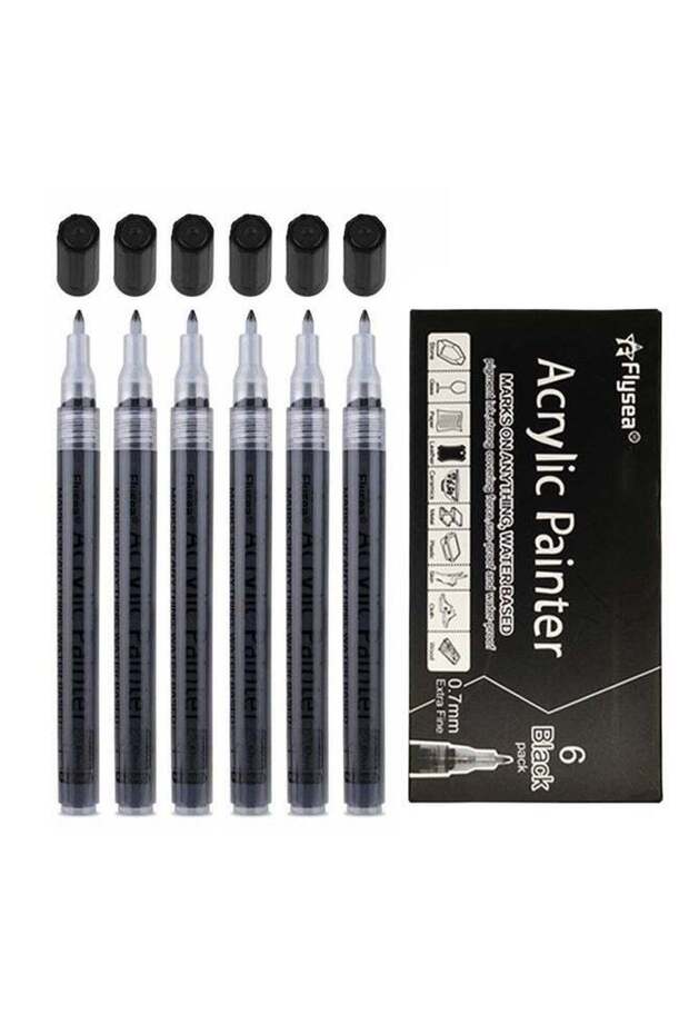6 Pack Paint Pens Black Marker 0.7mm Acrylic Black Permanent Marker, Black Paint Pens for Rock Pain