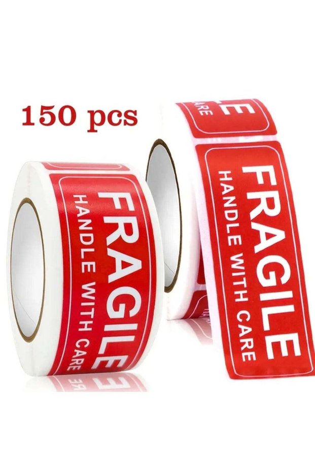 150-Count Fragile Warning Stickers Roll – Waterproof Rectangular “Handle with Care” Labels, Self-Ad