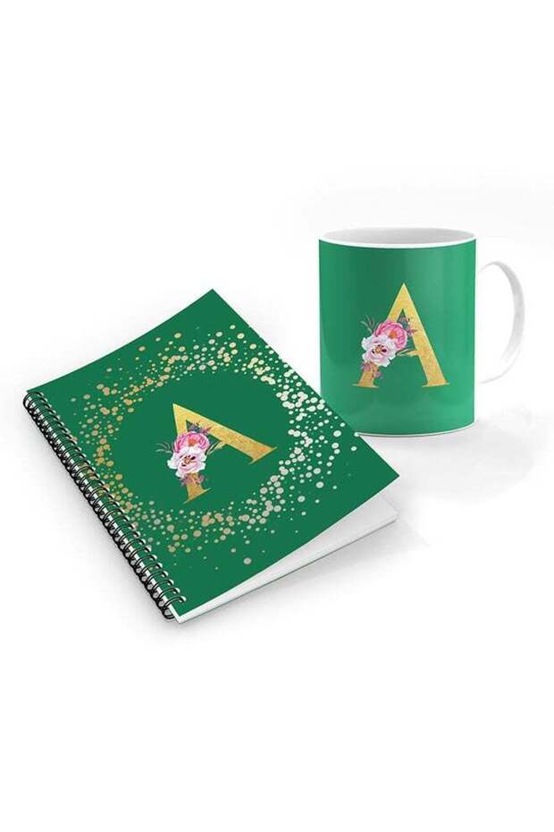 Printed Coffee Mug + A5 Spiral Notebook Memo Personalised Combo Gift Set Custom Monogram Initial Le
