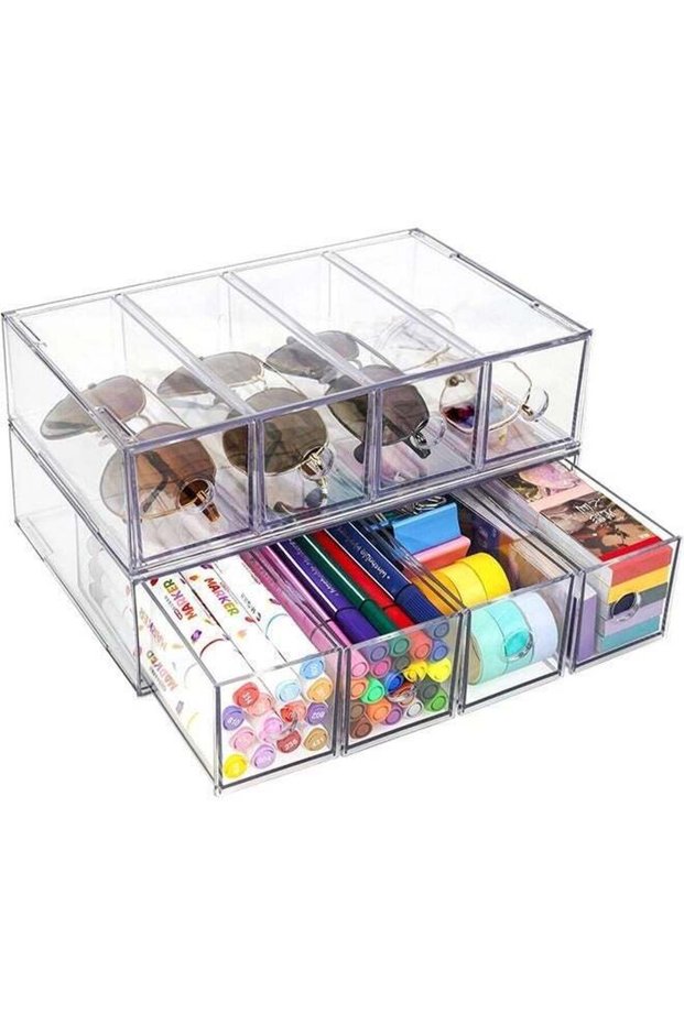 Desk Organizer with 8 Drawers, 2 Packs Stackable Desktop Storage Box with Removable Drawer, Clear S