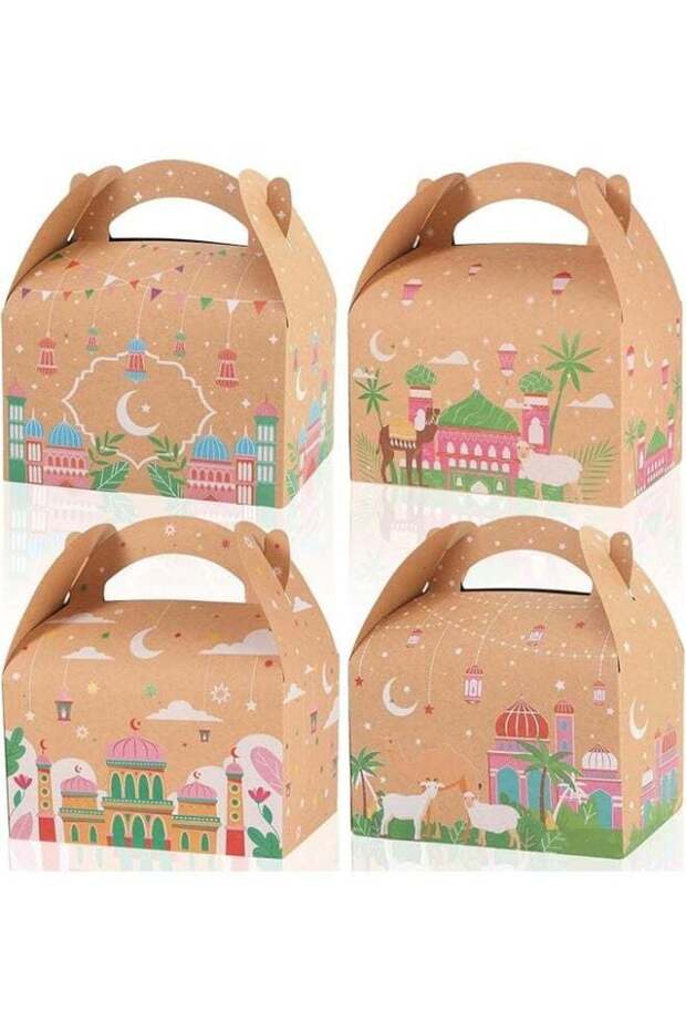 8PCS Ramadan Eid Kraft Paper Gift Bags – Islamic Pattern Candy & Biscuit Boxes for Eid, Hajj & Umra