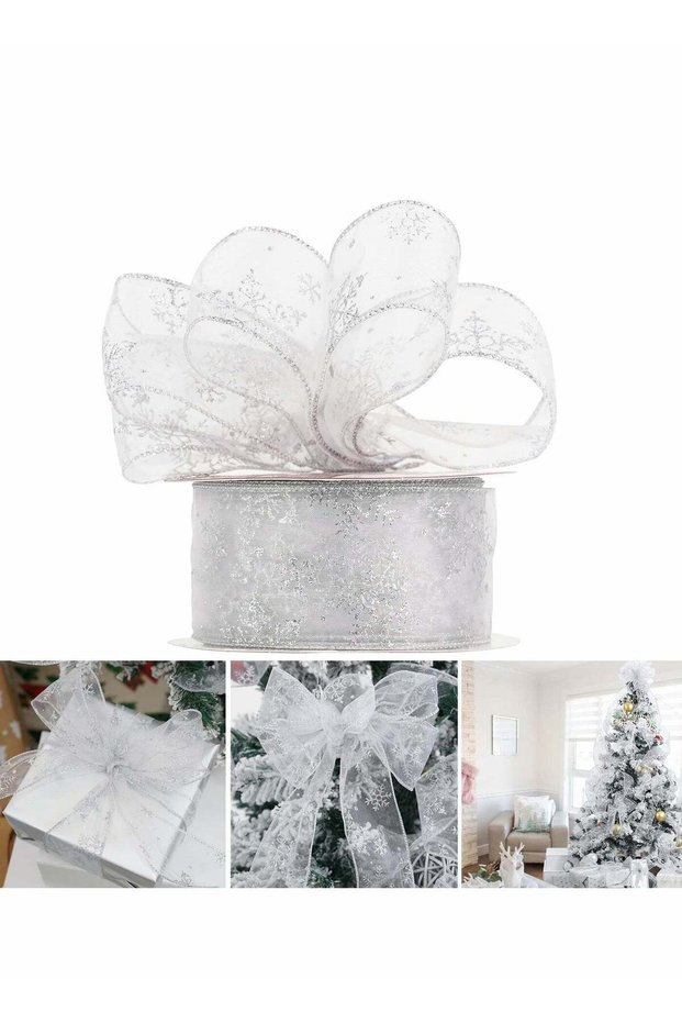Ribbon Glitter Fabric Holiday Festival Satin Ribbons 1 Rolls 63mm x 25 Yards Silver Snowflake Wired