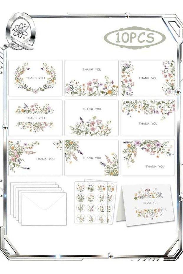 10 PCS Thank You Cards Set, Elegant Flower Design Assorted Greeting Cards with Envelopes & Stickers