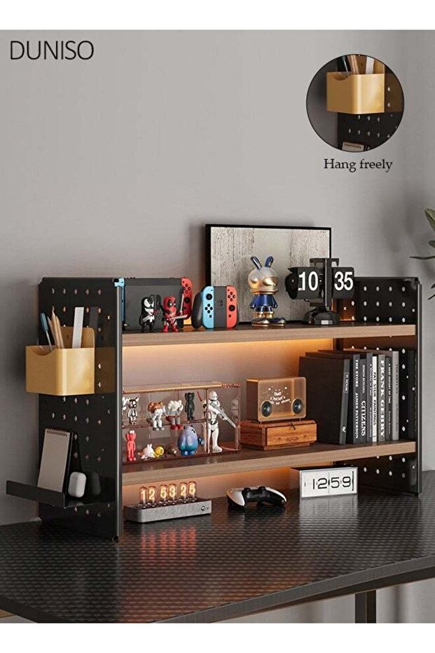 3-Tier Desktop Organizer Shelf, Tabletop Bookshelf with Pegboard Side Panels, Iron & Wooden Storage