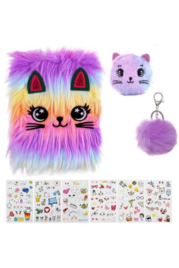 Fuzzy Cat-Themed Journal Set with Coin Purse, Keychain Pom-Pom, and 6 Cute Stickers