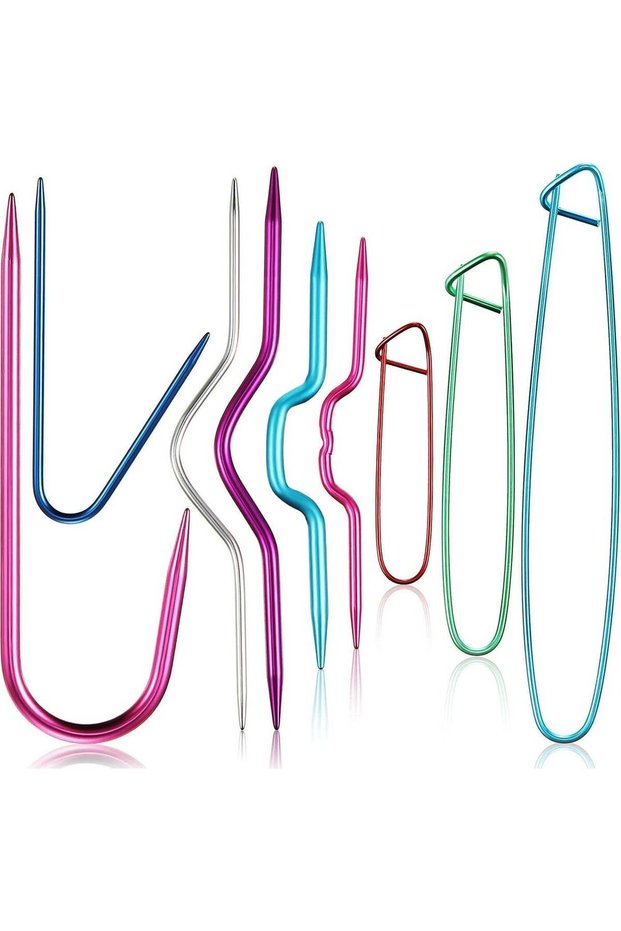 9-Piece Aluminum Cable Stitch Holders Set - Mixed Colors, Safety Pin Brooch, Weaving Needle for Kni