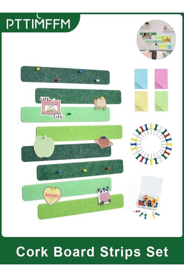 8-Pack Green Self-Adhesive Cork Board Strips with Pushpins & Sticky Notes, Wall Bulletin Board for