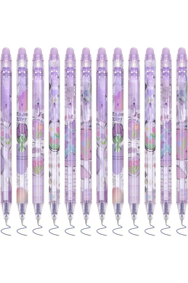 12 Pcs Cute Erasable Gel Pens, Blue Ink Pen with Eraser, 0.5mm Fine Point Smooth Writing for Planne
