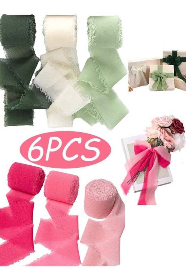 6 Rolls Handmade Fringe Chiffon Ribbon 4cm x 5m Frayed Fringe Silk Like Ribbons for Gift Wrapping H