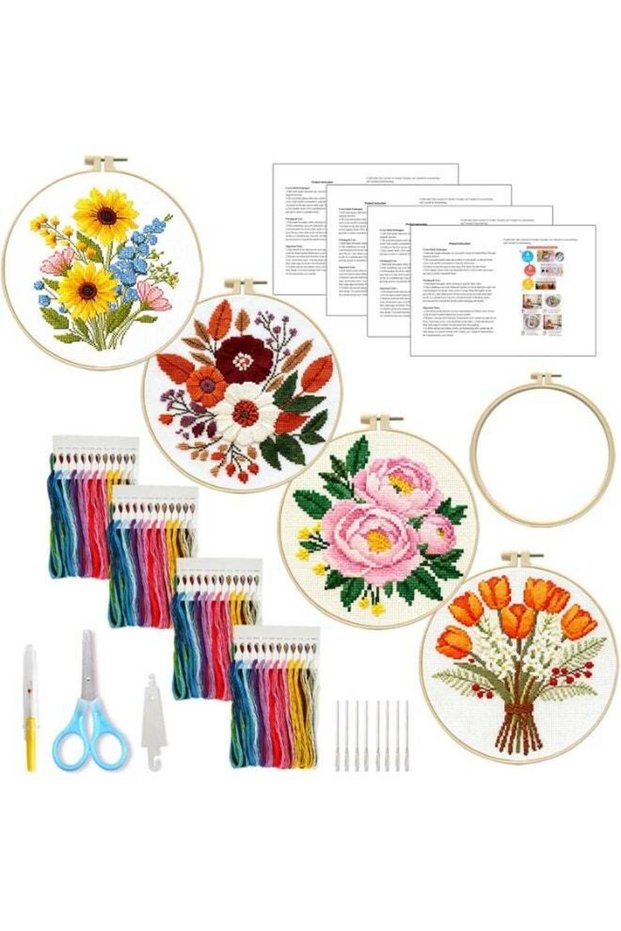 4-Piece Floral Cross Stitch Kit for Beginners - Complete Set with Pre-Printed 11CT 24x24cm Fabric,