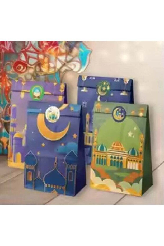 12PCS Ramadan & Eid Mubarak Gift Paper Bags with Stickers – 4 Assorted Islamic Designs Flat Bottom