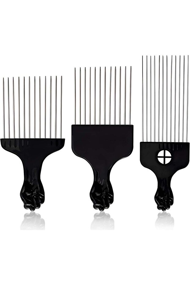 3-Piece Metal Afro Pick Comb Set, Stainless Steel Wide,Fist Handle Design for Women and Men Natural
