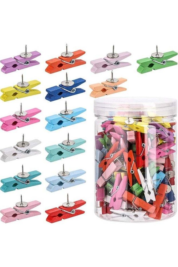 100Pcs Push Pin with Wooden Clips Tacks for Cork Board Artwork for Bulletin Board Crafts Arts Proje