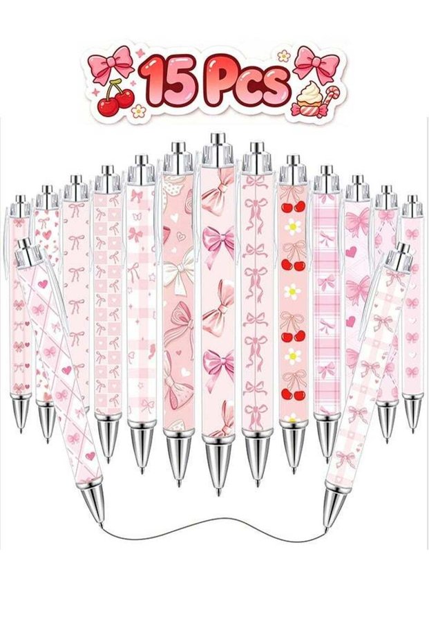 15 Pcs Pink Bow Cherry Pattern Retractable Ballpoint Pens - Cute Girly Aesthetic Writing Pens - Dec