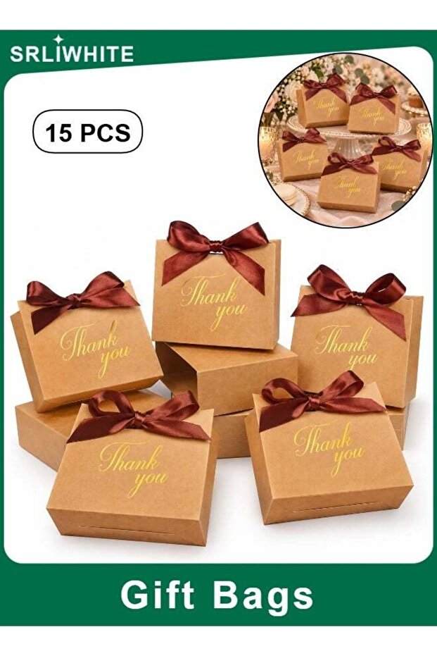 15 PCS Thank You Gift Boxes, Kraft Paper Favor Boxes with Satin Ribbon Bow, Gold Foil Thank You Des