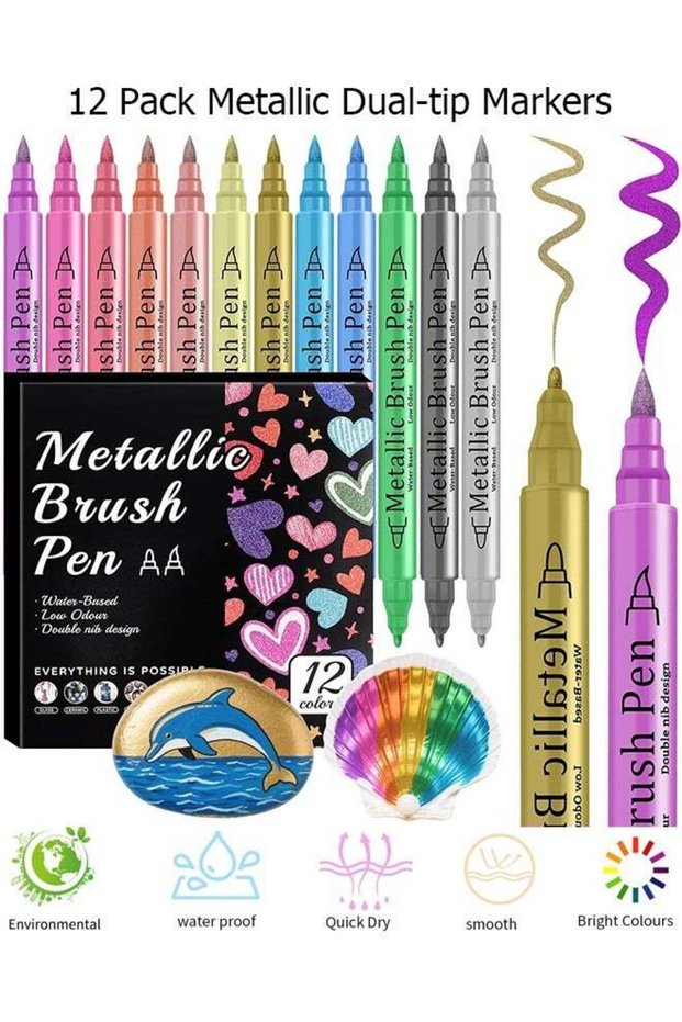 12 Pack Metallic Markers, Dual Tip Glitter Pens for Black Paper & Rock Painting Metallic Acrylic Pa