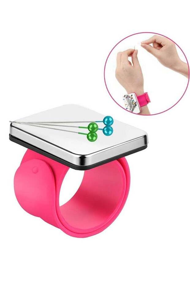Magnetic Pincushion Wristband Rose Red 9.5" with 100 Pcs 1.5 Inch Colorful Ball Head Sewing Pins Se