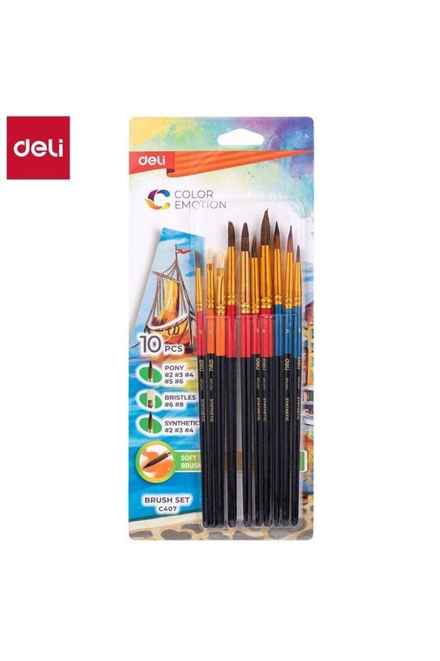 Deli EC407 Round Bristle Brush Set Ideal for Acrylic & Oil Painting