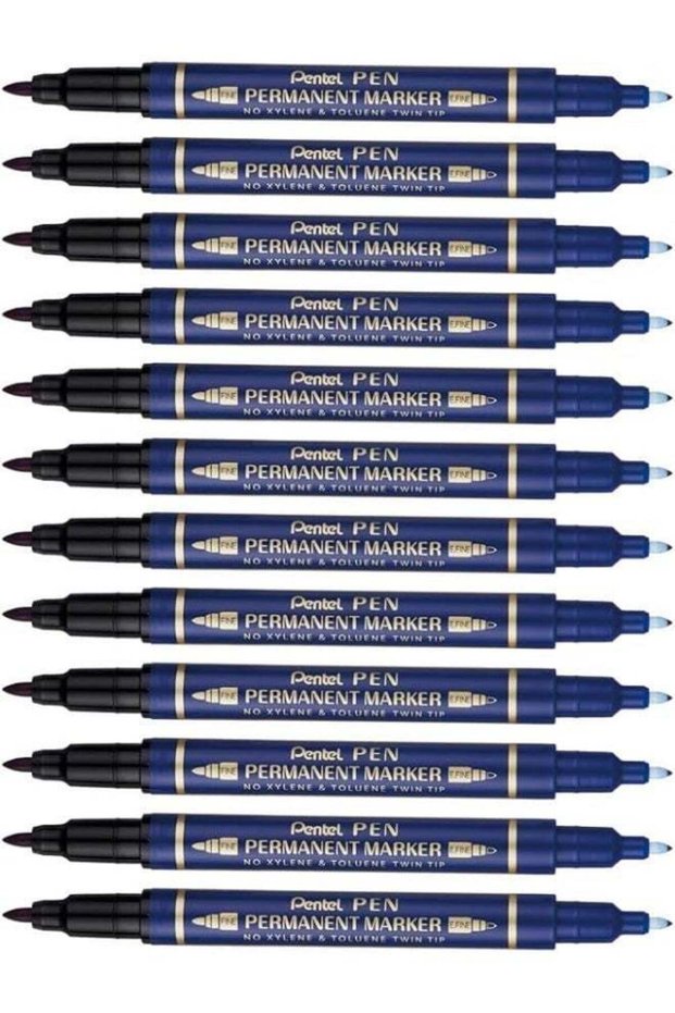 Pentel N75W-C Permanent Marker Twin Tip, Blue Ink, Pack of 12
