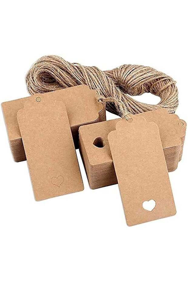 200 Pcs Brown Kraft Paper Gift Tags with 25m Natural Jute Twine, Rectangle Hollow Heart Hang Tags f