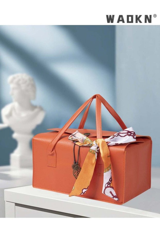 Large Capacity Faux Leather Gift Box, Handheld PU Leather Gift Bag with Silk Scarf,Portable souve